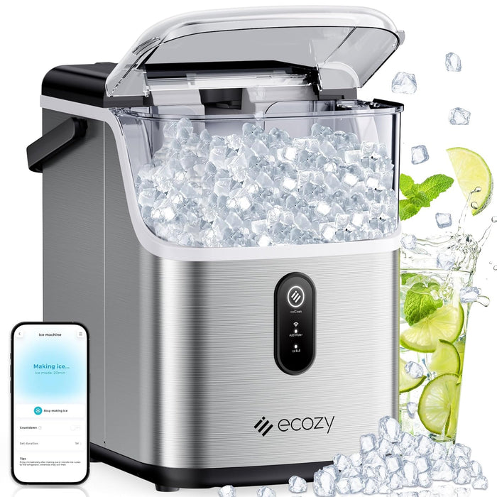 ecozy Smart Nugget Ice Maker Countertop, Pebble Ice Maker with 35lbs/24H Soft Chewable Ice, Self-Cleaning Ice Machine with Voice Control for Home Kitchen Party Bar Office, Stainless Steel