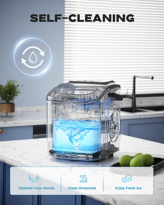 ecozy Ice Makers Countertop Updated, Portable Ice Machine with Carry Handle, Ice in 6Mins, 26 lbs/Day, Auto-Cleaning Ice Maker with Basket and Scoop, for Home/Kitchen/Camping/RV