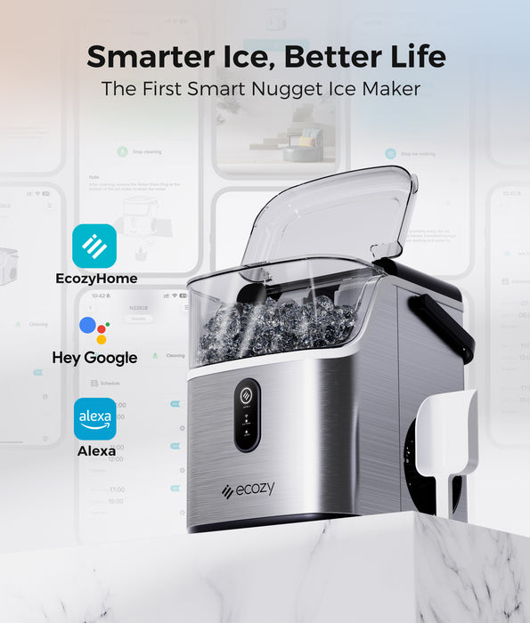 ecozy Smart Nugget Ice Maker Countertop, Pebble Ice Maker with 35lbs/24H Soft Chewable Ice, Self-Cleaning Ice Machine with Voice Control for Home Kitchen Party Bar Office, Stainless Steel