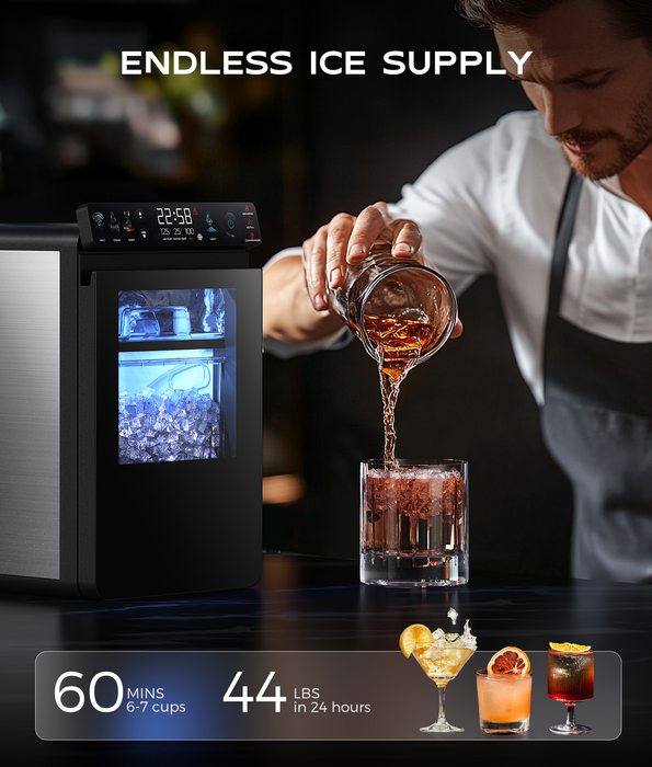 ecozy Smart Nugget Ice Maker Countertop, First Full-Color Smart Panel Ice Machine with APP Control, Double-Layer Insulation, 44 lbs/24H Soft Pellet Chewable Ice, Pull-Out Water Tank, Self-Cleaning