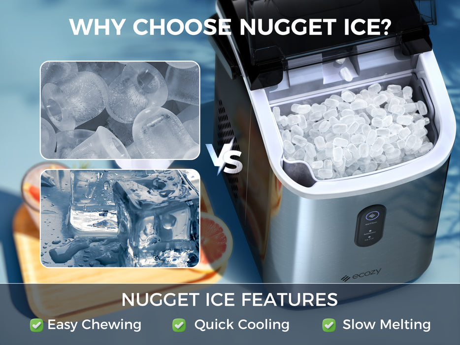 ecozy Nugget Ice Maker Countertop with Handle, 33 lbs Chewable Pellet Ice Daily, Self-Cleaning Ice Machine, Includes Ice Bags for Kitchen, Bar, Parties, Stainless Steel