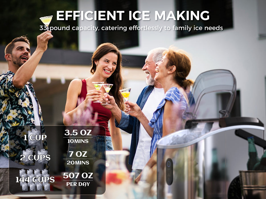 ecozy Nugget Ice Maker Countertop with Handle, 33 lbs Chewable Pellet Ice Daily, Self-Cleaning Ice Machine, Includes Ice Bags for Kitchen, Bar, Parties, Stainless Steel