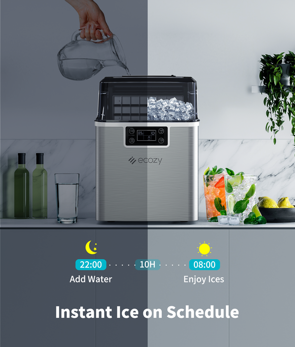 ecozy Ice Cube Maker Countertop, 45 lbs Per Day Ice Machine, 24 Cubes Ready in 13 Mins, Self-Cleaning Function, Perfect for Home Kitchen Bar Party Office, Stainless Steel