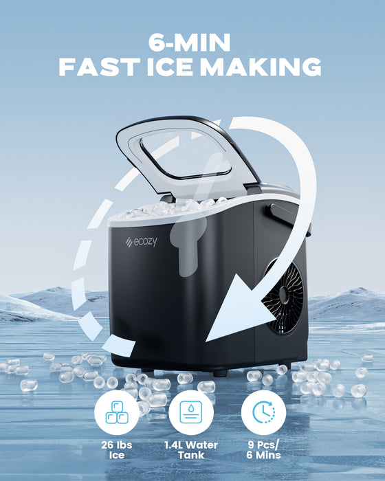 ecozy Ice Makers Countertop Updated, Portable Ice Machine with Carry Handle, Ice in 6Mins, 26 lbs/Day, Auto-Cleaning Ice Maker with Basket and Scoop, for Home/Kitchen/Camping/RV