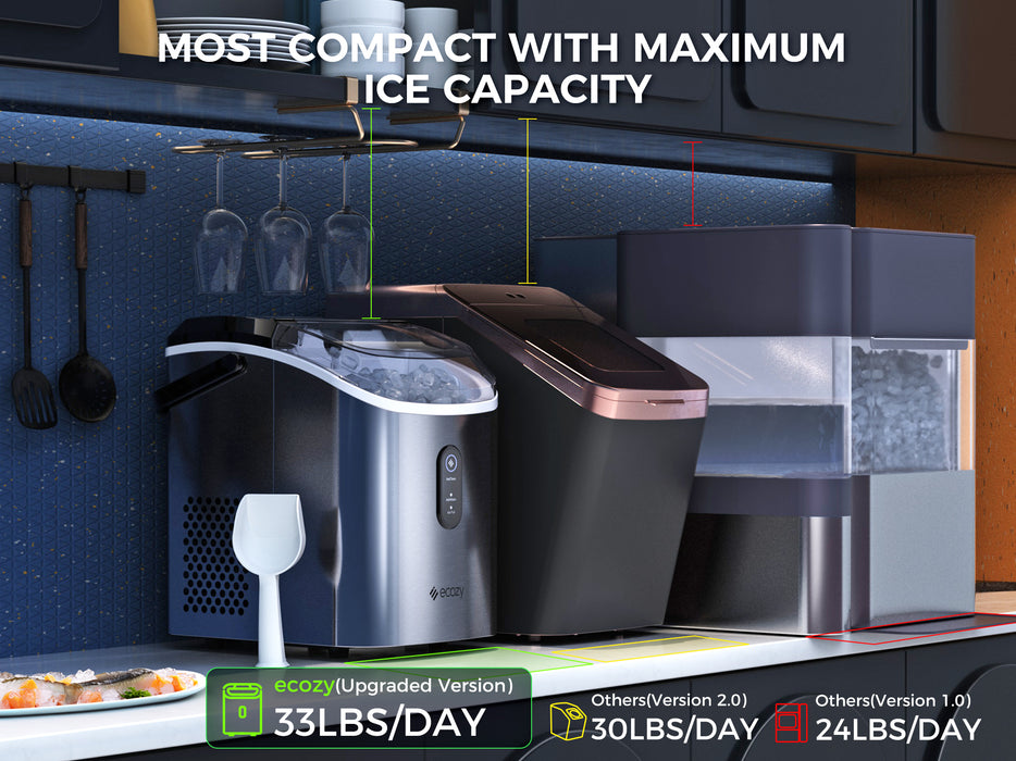 ecozy Nugget Ice Maker Countertop with Handle, 33 lbs Chewable Pellet Ice Daily, Self-Cleaning Ice Machine, Includes Ice Bags for Kitchen, Bar, Parties, Stainless Steel