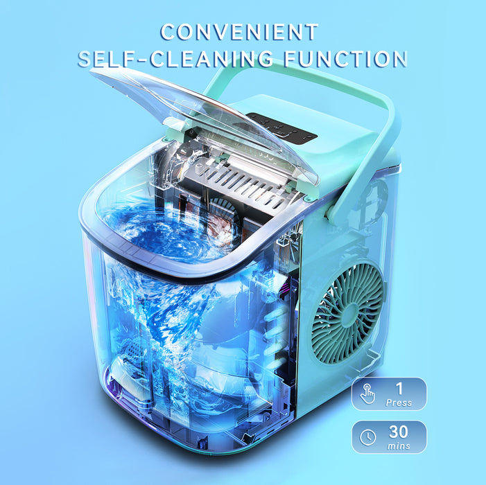 ecozy Countertop Ice Maker, Portable Ice Maker with Self-Cleaning, 9 Bullet Ice Cubes in 6 Mins, 26lbs/24Hrs, Ice Maker Machine with Ice Bags, Handle, Standing Scoop and Basket, Green