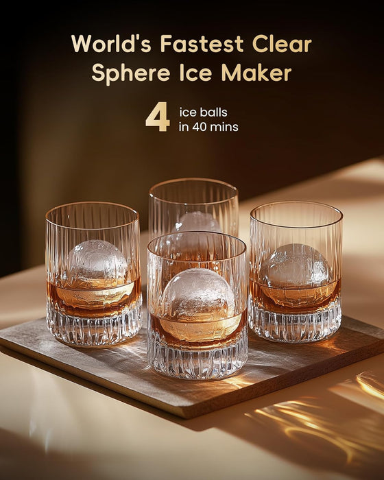 ecozy 2" Clear Ice Ball Maker with CrystalRocks Technology, 4 pcs in 40 Mins, 144 pcs/Day, Sphere Ice Maker with Enhanced Insulation, Automatic Water Supply, Self-Cleaning for Whiskey & Bourbon