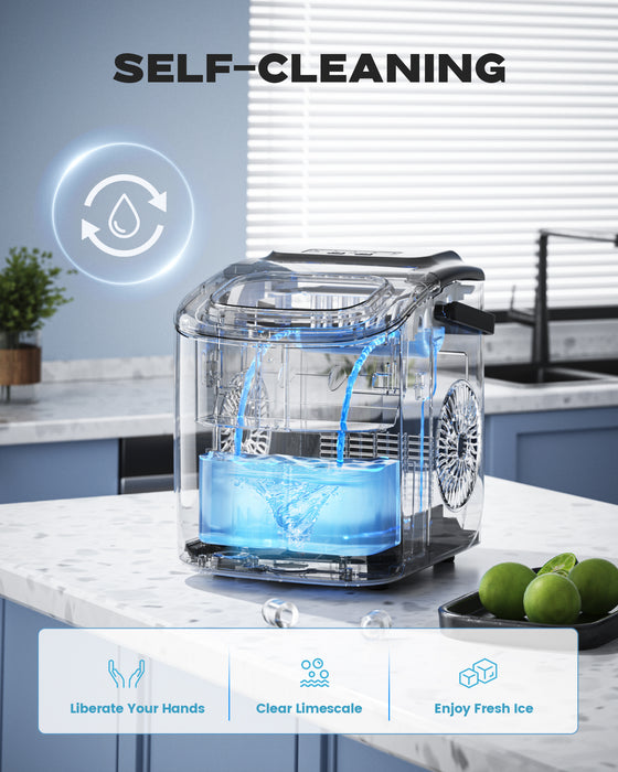 ecozy Ice Makers Countertop Updated, Portable Ice Machine with Carry Handle, Ice in 6Mins, 26 lbs/Day, Auto-Cleaning Ice Maker with Basket and Scoop, for Home/Kitchen/Camping/RV