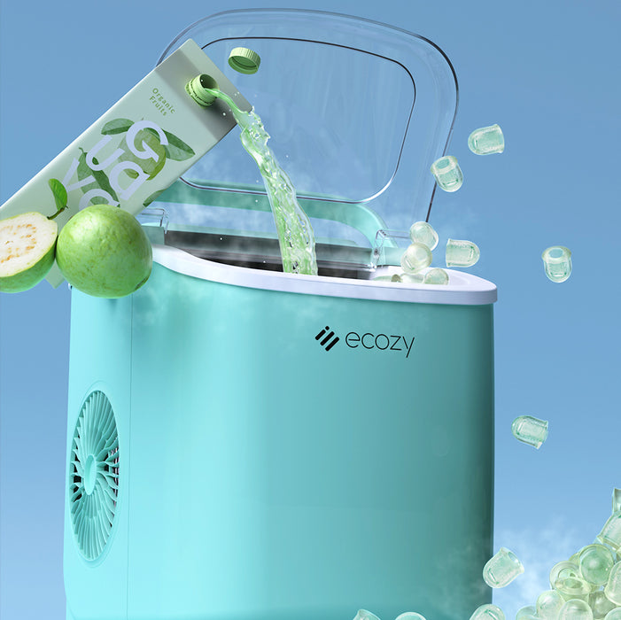 ecozy Countertop Ice Maker, Portable Ice Maker with Self-Cleaning, 9 Bullet Ice Cubes in 6 Mins, 26lbs/24Hrs, Ice Maker Machine with Ice Bags, Handle, Standing Scoop and Basket, Green