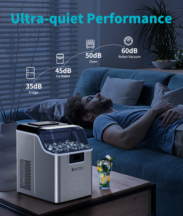 ecozy Ice Cube Maker Countertop, 45 lbs Per Day Ice Machine, 24 Cubes Ready in 13 Mins, Self-Cleaning Function, Perfect for Home Kitchen Bar Party Office, Stainless Steel