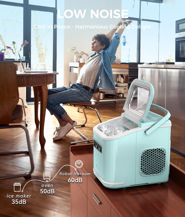 ecozy Countertop Ice Maker, Portable Ice Maker with Self-Cleaning, 9 Bullet Ice Cubes in 6 Mins, 26lbs/24Hrs, Ice Maker Machine with Ice Bags, Handle, Standing Scoop and Basket, Green
