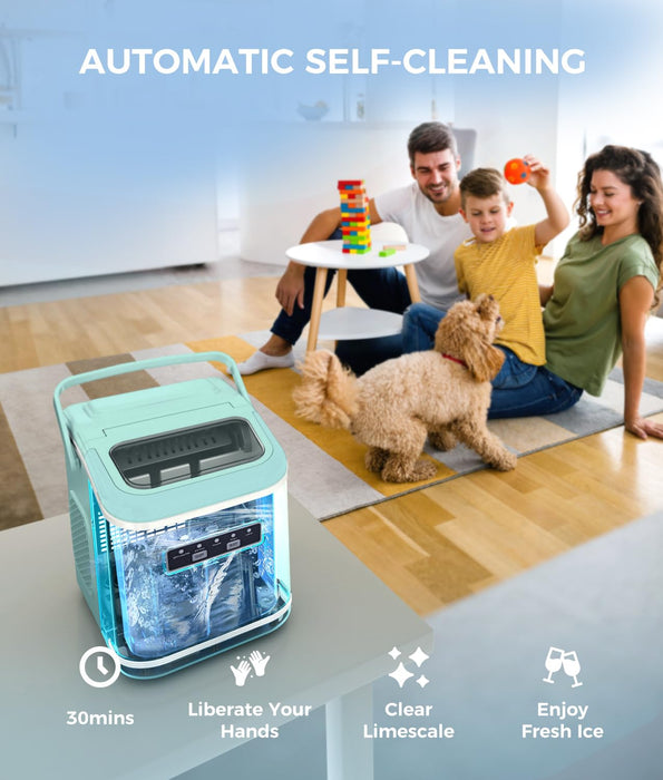 ecozy Countertop Ice Maker, Portable Ice Maker with Self-Cleaning, 9 Bullet Ice Cubes in 6 Mins, 26lbs/24Hrs, Ice Maker Machine with Ice Bags, Handle, Standing Scoop and Basket, Green