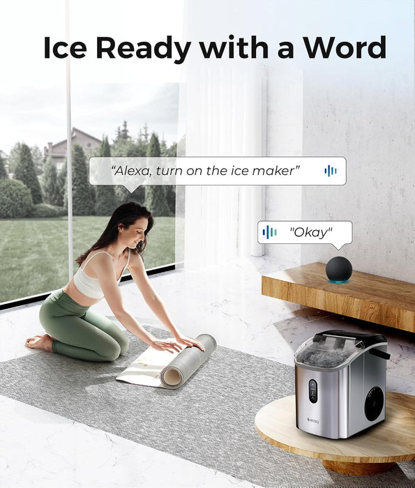 ecozy Smart Nugget Ice Maker Countertop, Portable Pebble Ice Machine with Voice Control, 33lbs/24H Soft Chewable Ice, Self-Cleaning Pellet Ice Maker with APP WiFi for Kitchen Party, Stainless Steel
