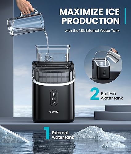 ecozy Ice Cube Makers Countertop, 33lbs Per Day Portable Ice Machine, Self-Cleaning Ice Maker Machine with 1.5L External Water Tank for Home Office Party Bar