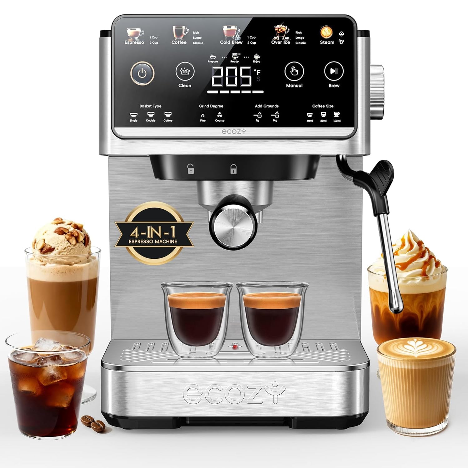 ecozy Brezzano Elite 4-in-1 Espresso Machine and Coffee Maker Combo wi ...
