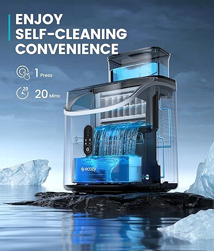 ecozy Ice Cube Makers Countertop, 33lbs Per Day Portable Ice Machine, Self-Cleaning Ice Maker Machine with 1.5L External Water Tank for Home Office Party Bar