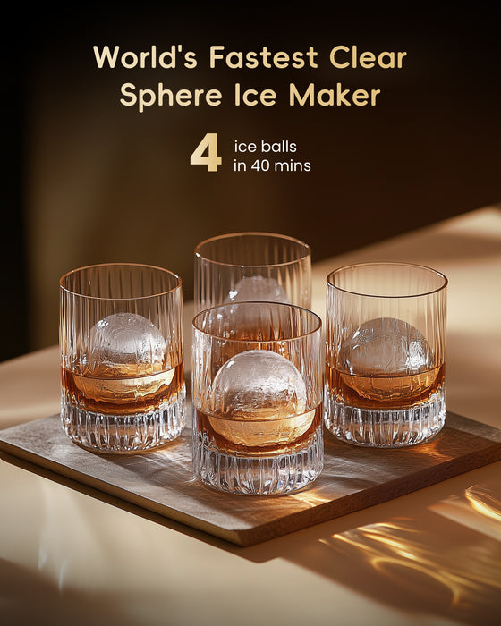 ecozy 2" Clear Ice Ball Maker with CrystalFlux Technology, 4 pcs in 40 Mins, 144 pcs/Day, Sphere Ice Maker with Enhanced Insulation, Automatic Water Supply, Self-Cleaning for Whiskey & Bourbon