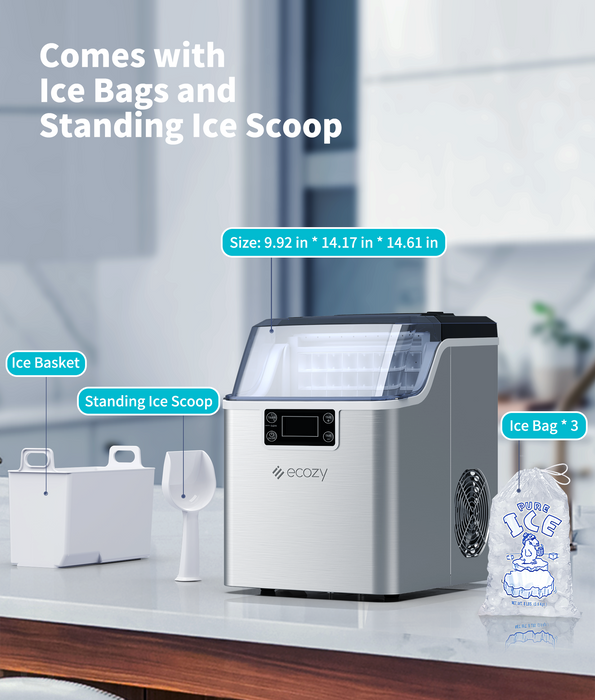 ecozy Ice Cube Maker Countertop, 45 lbs Per Day Ice Machine, 24 Cubes Ready in 13 Mins, Self-Cleaning Function, Perfect for Home Kitchen Bar Party Office, Stainless Steel