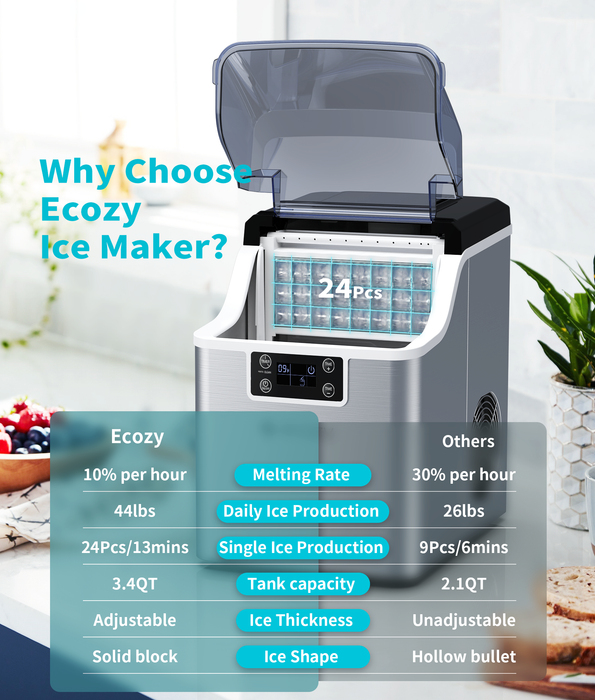 ecozy Ice Cube Maker Countertop, 45 lbs Per Day Ice Machine, 24 Cubes Ready in 13 Mins, Self-Cleaning Function, Perfect for Home Kitchen Bar Party Office, Stainless Steel