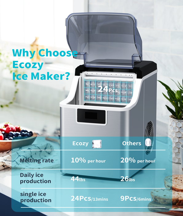 ecozy Ice Cube Maker Countertop, 45 lbs Per Day Ice Machine, 24 Cubes Ready in 13 Mins, Self-Cleaning Function, Perfect for Home Kitchen Bar Party Office, Stainless Steel