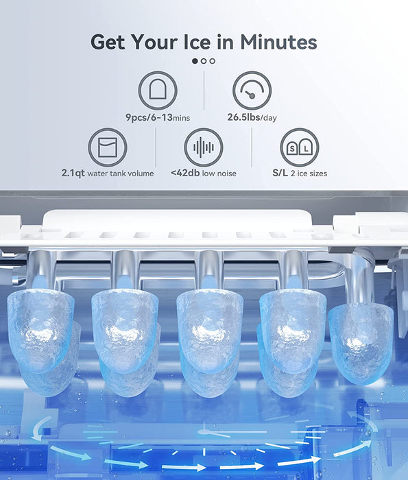 ecozy Portable Ice Maker Countertop, 9 Cubes Ready in 6 Mins, 26.5 lbs in 24 Hours, Self-Cleaning Ice Maker Machine with Ice Bags/Ice Scoop/Ice Basket for Home Kitchen Office Bar Party, Silver