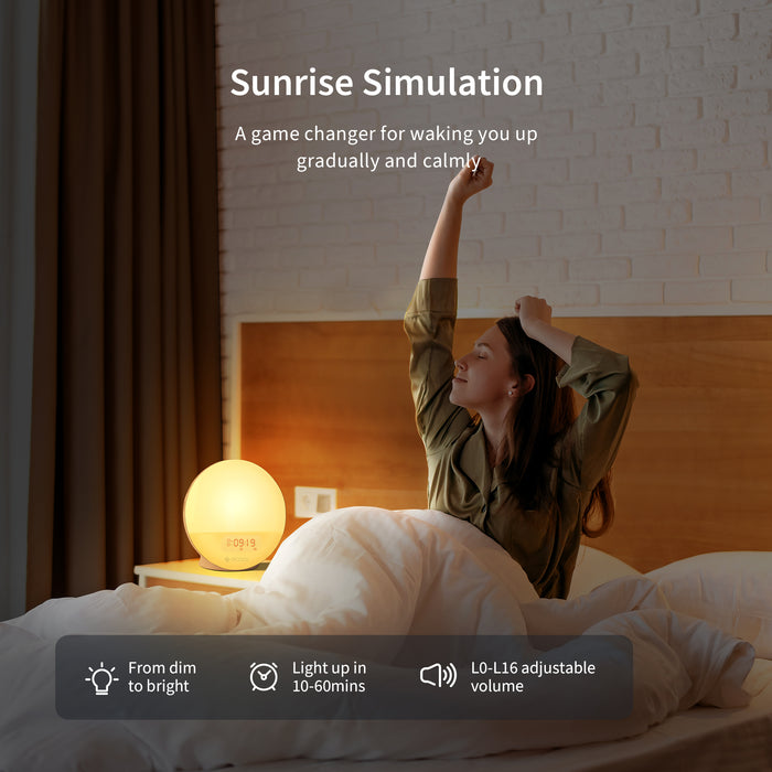 ecozy Sunrise Alarm Clock for Heavy Sleepers, Smart Wake Up Light with Sunrise/Sunset Simulation, App & Voice Controlled, Natural Sounds & FM Radio, 4 Alarms & Snooze, 8 Colors Night Light for Bedroom