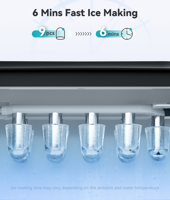 ecozy Portable Countertop Ice Maker - 9 Ice Cubes in 6 Minutes, 26 lbs Daily Output, Self-Cleaning with Ice Bags, Scoop, and Basket for Kitchen, Office, Bar, Party - Black