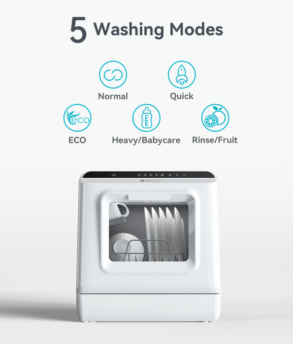 ecozy Portable Dishwasher Countertop, Mini Dishwasher with a Built-in 5L Water Tank, No Hookup Needed, 6 Washing Programs, Extra Air Drying Function for Apartments, Camping and RV