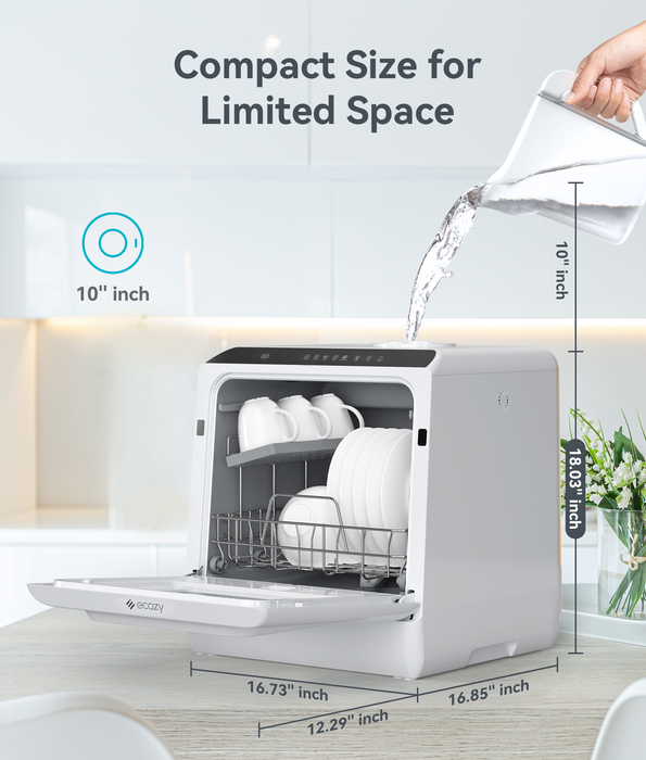 ecozy Portable Dishwasher Countertop, Mini Dishwasher with a Built-in 5L Water Tank, No Hookup Needed, 6 Washing Programs, Extra Air Drying Function for Apartments, Camping and RV