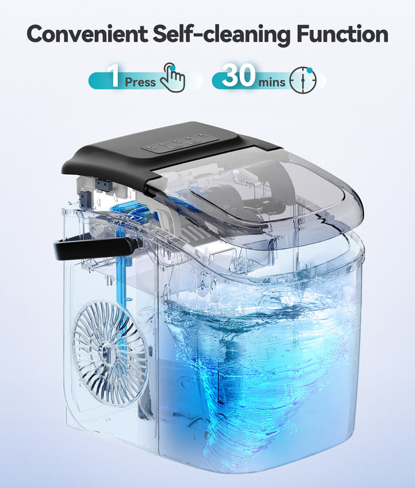 ecozy Portable Countertop Ice Maker - 9 Ice Cubes in 6 Minutes, 26 lbs Daily Output, Self-Cleaning with Ice Bags, Scoop, and Basket for Kitchen, Office, Bar, Party - Black