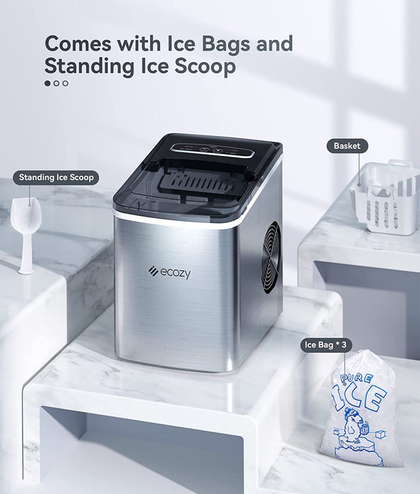 ecozy Portable Ice Maker Countertop, 9 Cubes Ready in 6 Mins, 26.5 lbs in 24 Hours, Self-Cleaning Ice Maker Machine with Ice Bags/Ice Scoop/Ice Basket for Home Kitchen Office Bar Party, Silver