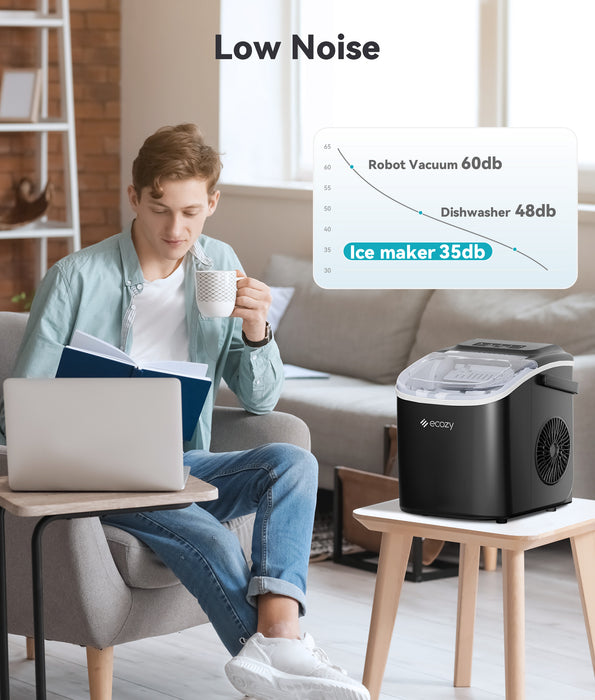 ecozy Portable Countertop Ice Maker - 9 Ice Cubes in 6 Minutes, 26 lbs Daily Output, Self-Cleaning with Ice Bags, Scoop, and Basket for Kitchen, Office, Bar, Party - Black