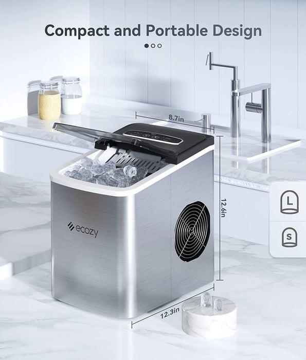 ecozy Portable Ice Maker Countertop, 9 Cubes Ready in 6 Mins, 26.5 lbs in 24 Hours, Self-Cleaning Ice Maker Machine with Ice Bags/Ice Scoop/Ice Basket for Home Kitchen Office Bar Party, Silver